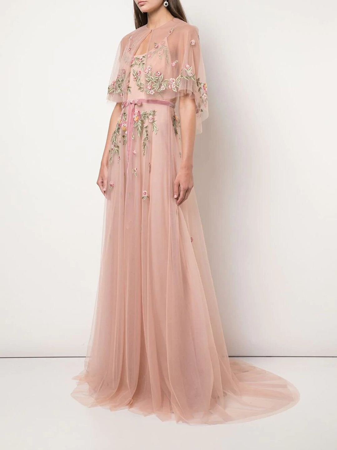 Embroidered tulle gown with capelet ...